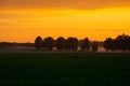 dramatic red sunset colors in the sky above trees and fields. su Royalty Free Stock Photo