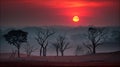 Dramatic Red Sunset Over Australian Outback Landscape with Silhouetted Trees Royalty Free Stock Photo
