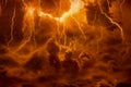 Hell realm, bright lightnings in apocalyptic sky, judgement day, end of world, eternal damnation Royalty Free Stock Photo