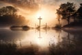 Dramatic religious photo illustration of Easter Sunday Morning reflecting a prayerful moment as a warm sun rises over a foggy lake