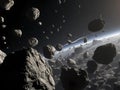 Asteroid Field Orbiting a Distant, Blue-Hued Planet Royalty Free Stock Photo