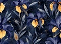 Seamless Dark Navy Blue Iris Floral Pattern with Gold Yellow Accents Botanical Texture Print. Royalty Free Stock Photo