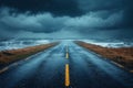 Dramatic road stretching into the horizon under dark storm clouds with a glowing sunset in the distance Generative AI Royalty Free Stock Photo