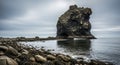 Dramatic sea stack rock formation on a pebbled beach with choppy grey water and overcast sky coastal Royalty Free Stock Photo