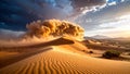 Dramatic sandstorm engulfing desert dunes under a cloudy sky with golden sunlight Royalty Free Stock Photo