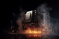 Dramatic scene of computer components undergoing intense overclocking and overheating