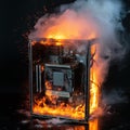 Dramatic scene of computer components undergoing intense overclocking and overheating