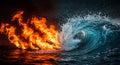 A dramatic scene depicting a stark contrast between fire and water. On the left, Royalty Free Stock Photo
