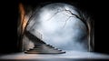 A dramatic scene features a curved staircase ascending to the left against a misty backdrop. Royalty Free Stock Photo