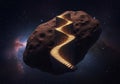 A dramatic scene features a massive asteroid floating in space, with a spiraling Royalty Free Stock Photo
