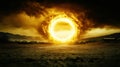 dramatic scene featuring fiery, glowing circle in sky, surrounded by dark clouds and mountains. landscape is desolate, with dirt Royalty Free Stock Photo