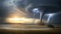 Lightning striking near the tornado. The landscape includes a Royalty Free Stock Photo