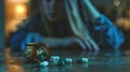 Dramatic scene featuring spilled pills on a table in front of a woman. Conceptual representation of medication or Royalty Free Stock Photo