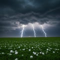 A dramatic scene featuring a stormy sky with dark clouds and three striking lightning Royalty Free Stock Photo