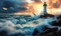 Dramatic scene of a lighthouse standing resilient against tumultuous sea waves under a stormy sky at sunset, symbolizing guidance Royalty Free Stock Photo