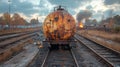 Dramatic scene of oil tank train wreck on railroad tracks with fire in background Royalty Free Stock Photo