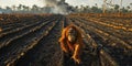 dramatic scene of orangutan in burned landscape, showcasing environmental impact Royalty Free Stock Photo