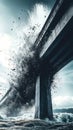 The Explosive Destruction of a Bridge Happens Amid Dark and Stormy Skies, Creating a Chaotic Scene of Turmoil Royalty Free Stock Photo