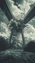 The Explosive Destruction of a Bridge Happens Amid Dark and Stormy Skies, Creating a Chaotic Scene of Turmoil Royalty Free Stock Photo