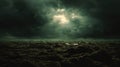 Dark Stormy Sky Over Rough Water Surface, Dramatic Light Breaking Through Clouds Royalty Free Stock Photo