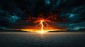 dramatic scene of thunderstorm with lightning over dry landscape Royalty Free Stock Photo