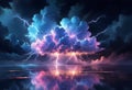 Dramatic scene of a thunderstorm with lightning striking the sea, reflected in the water below. Royalty Free Stock Photo