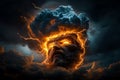 A dramatic scene of a thunderstorm over a mountain, with the outline of Zeus\'s face formed by the clouds and lightning Royalty Free Stock Photo