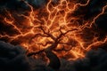 dramatic scene of tree illuminated by lightning against dark sky, creating powerful and intense atmosphere. branches are stark and Royalty Free Stock Photo