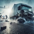 A dramatic scene of a truck accident on a misty road, with emergency responders and debris scattered.