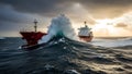 Cargo Ships Battling a Massive Storm Wave Royalty Free Stock Photo