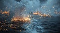 Water sparks ocean sea fire light dark night blue explosion reflection cloud abstract surface Royalty Free Stock Photo