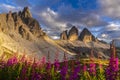 Dramatic scenery in the Dolomite Alps, Italy, in summer, with storm clouds and majestic peaks