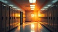 Dramatic school hallway bathed in warm golden light, creating a nostalgic atmosphere with rows of lockers Royalty Free Stock Photo