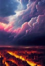 Science fiction pink and purple thunderstorm over a glowing orange city. Digital concept art. Royalty Free Stock Photo