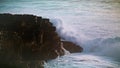 Dramatic sea breaking cliff on stormy day. Powerful waves crashing coastline Royalty Free Stock Photo