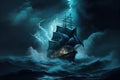 dramatic sea dark sky thunderstorm ghost ship Generative AI