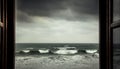 Dramatic sea view from opened window with big stormy waves and dramatic sky during rain and storm weather in fall season on sea co Royalty Free Stock Photo