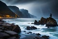 A dramatic seascape with crashing waves, jagged cliffs, and a stormy sky illuminated by lightning