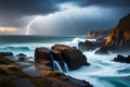 A dramatic seascape with crashing waves, jagged cliffs, and a stormy sky illuminated by lightning