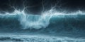 A dramatic seascape featuring a large wave illuminated by lightning against a dark sky at night Royalty Free Stock Photo