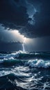 Dramatic Seascape with Lightning over Ocean Waves Royalty Free Stock Photo