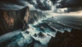 Dramatic Seascape with Rugged Cliffs and Stormy Sky, Nature Power Concept Royalty Free Stock Photo