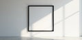 Dramatic shadow cast by black vertical frame on white wall Modern art, office decor, photography , background, frame mockup, Royalty Free Stock Photo