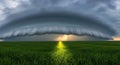 Dramatic Shelf Cloud Approaching Over Vibrant Green Field at Sunset with Sun Rays Royalty Free Stock Photo