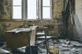 Dramatic shot of an abandoned house with destroyed walls and weathered books on the old table Royalty Free Stock Photo