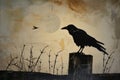 A dramatic shot of a black raven perched on a spooky fencepost