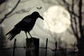 A dramatic shot of a black raven perched on a spooky fencepost