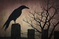 A dramatic shot of a black raven perched on a spooky fencepost