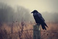 A dramatic shot of a black raven perched on a spooky fencepost