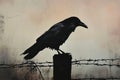 A dramatic shot of a black raven perched on a spooky fencepost